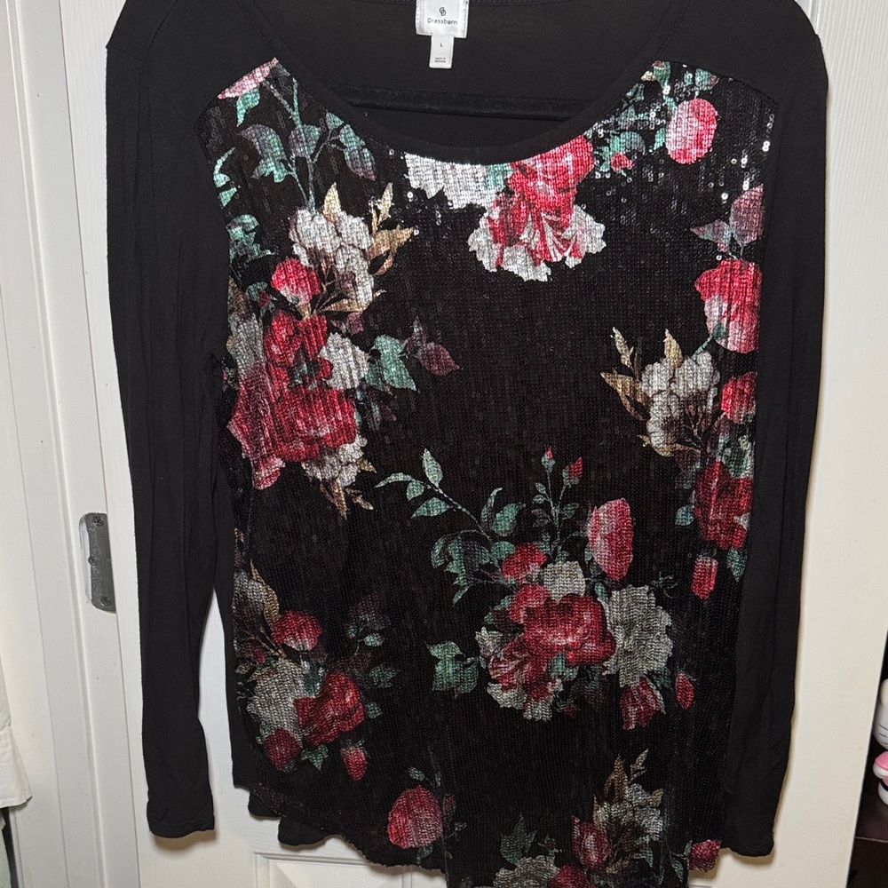dressbarn Black Floral Long Sleeve Blouse